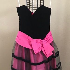 Black and hot pink strapless party dress